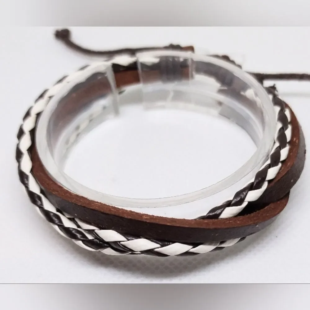 Men's bracelet leather braided‎ layered black brown new e84